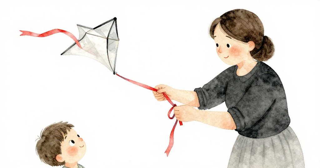 母親溫柔地將明亮絲帶綁於風箏上，絲帶似尾巴隨風飛舞，細緻特寫展現了溫暖關懷與重新希望。