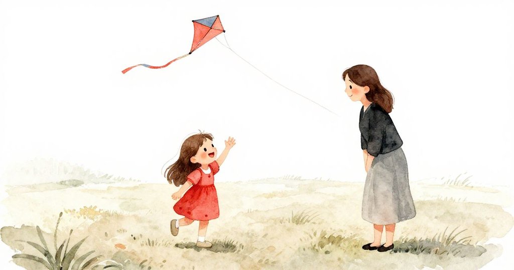 莉莉在開闊草地上向母親揮手告別，風箏高飛，充滿朝氣與希望，新旅程展開美好未來。