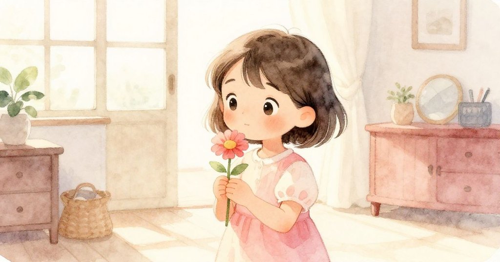 米婭手持明亮花朵，站在溫暖室內，神情平靜期待，故事剛開始，靜謐畫面展現溫馨家庭氛圍。