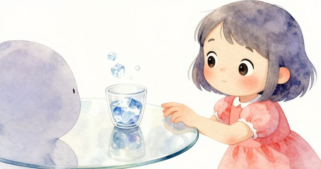 從小動物視角看米婭輕觸桌面反光，杯子與冰塊閃耀，充滿好奇與驚奇情緒。