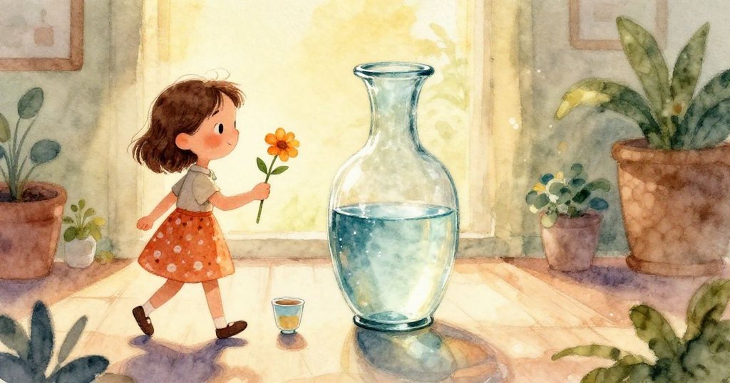 透過水下視角展現花瓶中清水與花瓣影像，柔和光影營造夢幻氛圍，故事漸進高潮。