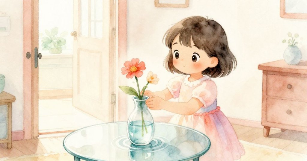 米婭平靜將花朵放入清水花瓶，細膩漣漪散去，新旅程開啟溫暖光景，結局安寧。