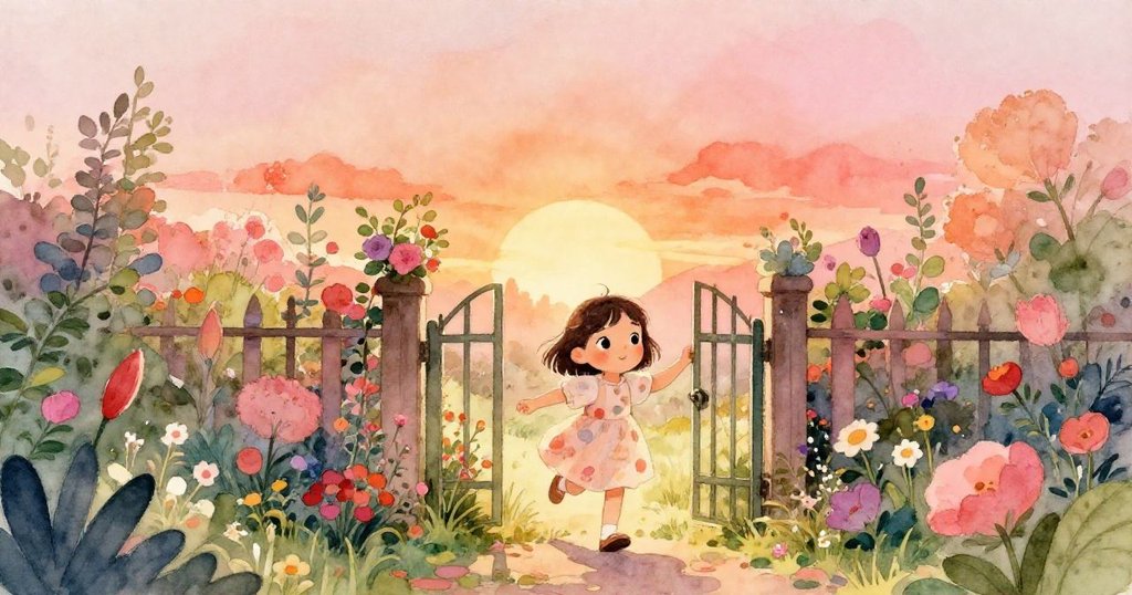 米婭走進充滿生機的花園，她好奇且興奮地穿過大門，清晨光線溫柔照耀著花朵和綠草。