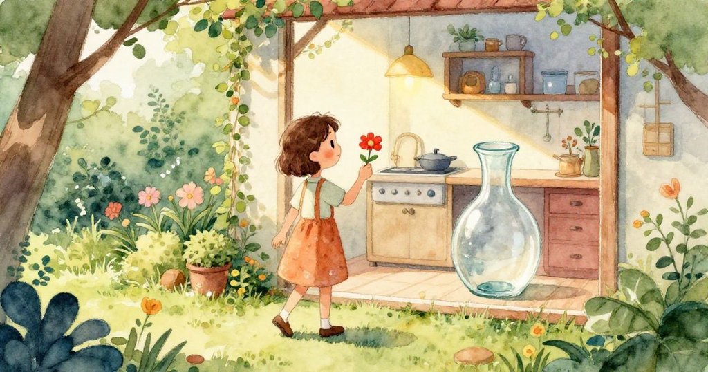 米婭小心翼翼地摘下一朵鮮紅花朵，專注的手指輕撫花瓣，溫暖光線使場景充滿柔和之美。