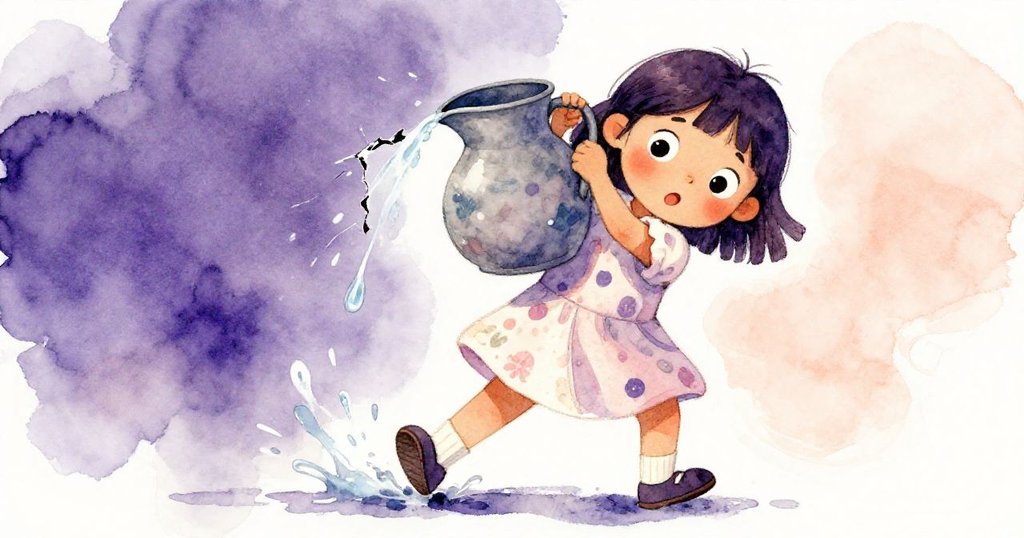 米婭用力搬運破裂水壺，水滴從裂縫中滴落濺在鞋上，動感角度展現她專注而活潑的身影。