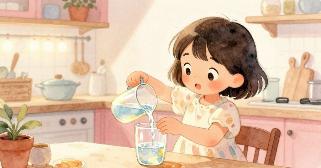 米婭在溫馨廚房中，用輕巧杯子倒水進透明花瓶，充滿專注與溫暖，背景展現柔和自然光。