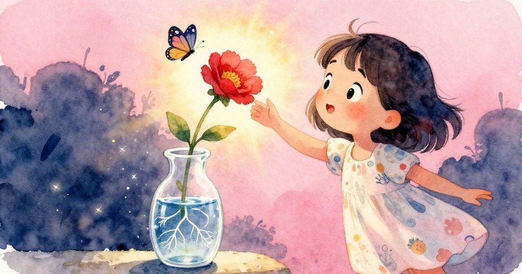 花朵優雅地滑入玻璃花瓶中，細小白根在水中舞動，陽光灑下慶祝般的光環，米婭與蝴蝶共享這歡慶瞬間。