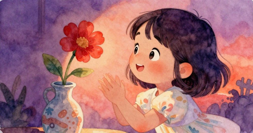 米婭滿足地欣賞著花瓶中豔麗的花朵，柔和光線映照她快樂臉龐，溫馨家庭場景呈現自然禮物的美好。