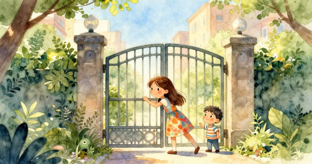 Mila與Leo站在城市花園大門前,Mila推門進入,兩人神情期待且充滿勇氣,背景綠意盎然。