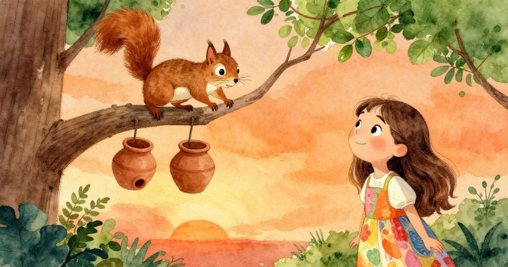 高角度觀看,樹枝上松鼠驚跳並帶動陶罐滑落,Mila抬頭注目情況,畫面充滿夕陽橘光與自然細節。