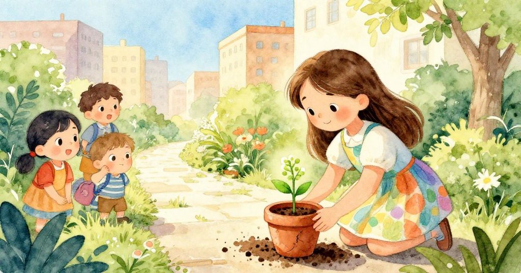 從高處俯瞰花園,小徑破罐旁冒出嫩綠芽,Mila整理土地,遊客驚喜讚賞,晨光明亮充滿希望。