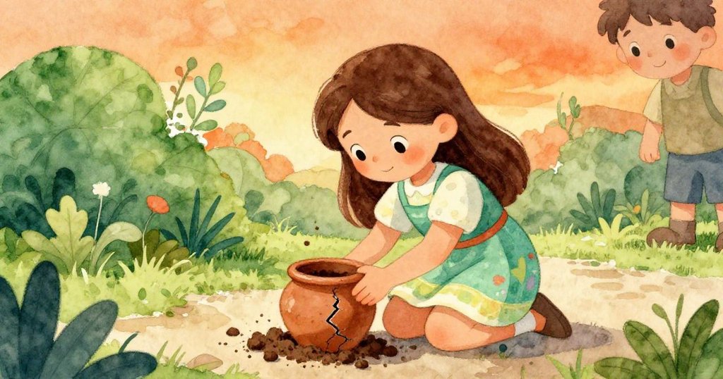 Mila蹲在花園小徑上,小心整理破裂陶罐與泥土,神情專注且充滿耐心,Leo在旁表現出支持。