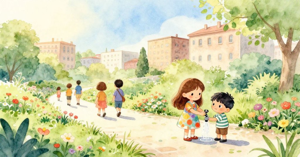 在寬闊花園中,Mila關掉水龍頭,清潔的小徑與綻放花朵映襯著寧靜景致,Leo與遊客同樂,畫面和諧美好。