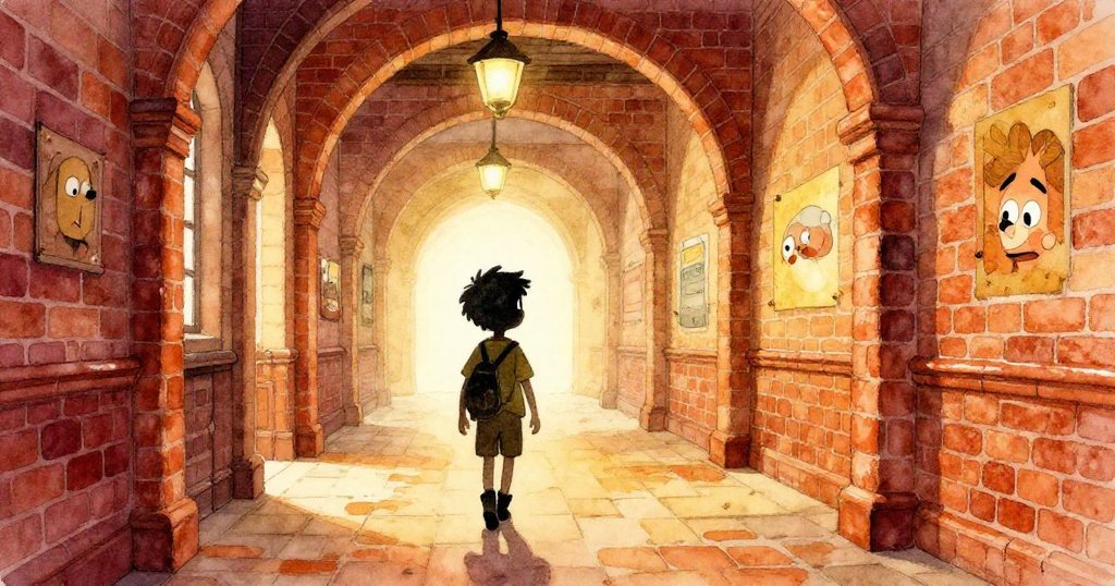 Leo站在充滿陽光的磚造博物館走廊中，與遊客同行，神情堅定展現探索開端的溫暖場景。