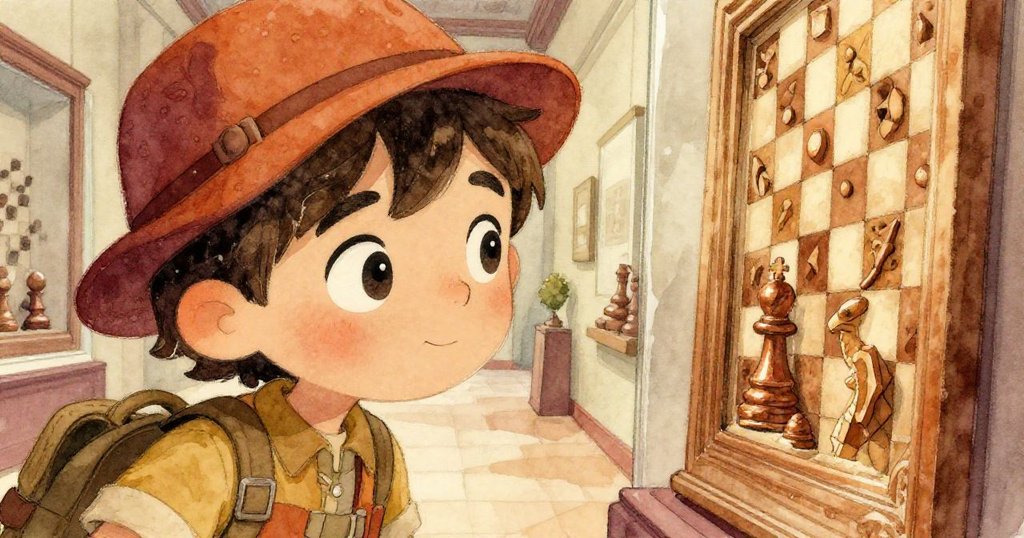 Leo凝神觀看牆上的雕刻棋盤海報，眼神專注充滿好奇與驚奇，展示學習與探索的瞬間。