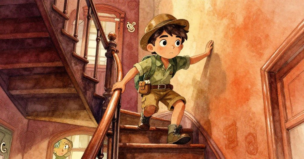 Leo從低角度努力攀爬狹窄樓梯，神情堅毅，背景博物館結構宏偉，充滿前進的動力。