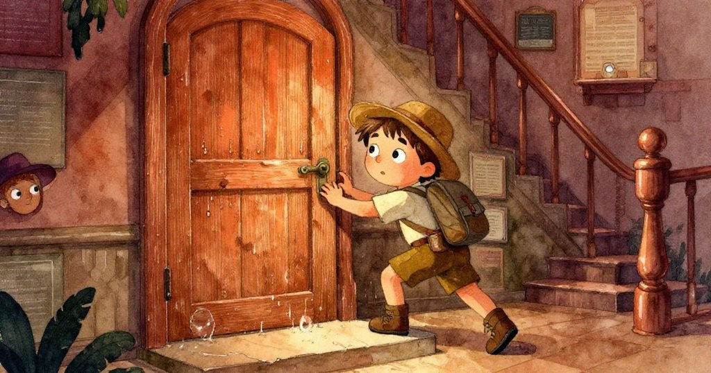 Leo用肩輕推滲水老木門，神情專注帶著緊張與創意，展現他面對障礙的堅定決心。