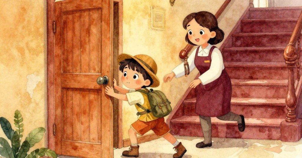 Leo與和藹工作人員攜手推開老舊木門，互助默契散發溫暖，展現團隊合作與信心。