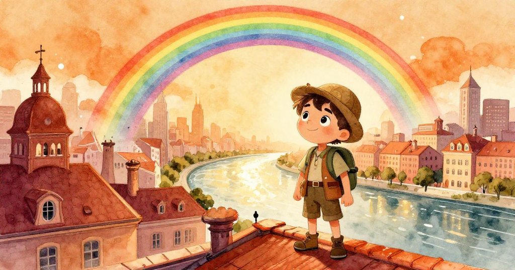 Leo站在博物館屋頂迎接繽紛彩虹，背景是閃耀的河流與城市天際，笑容滿面象徵冒險的成功與喜悅。