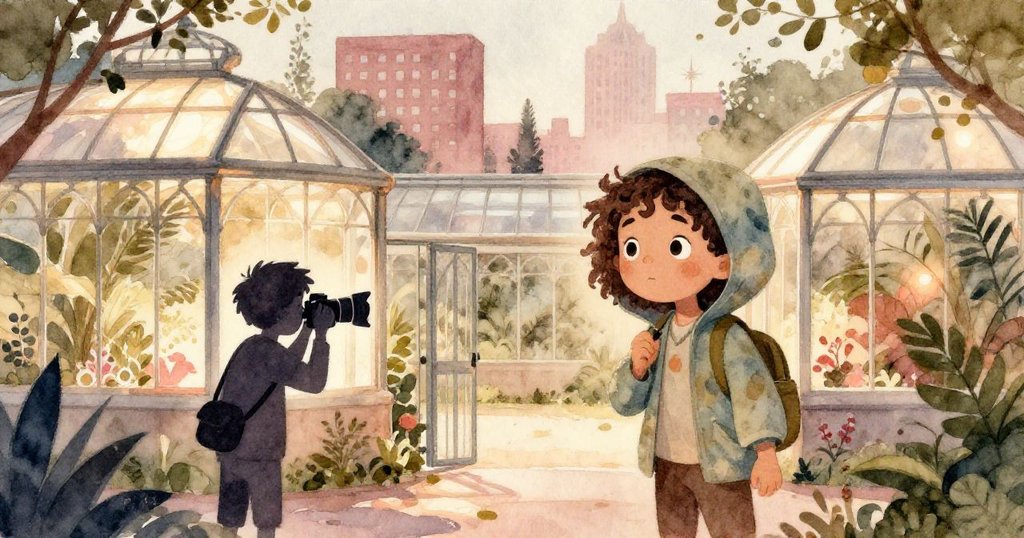 米拉在晨曦中走進城市植物園，她的身影與溫暖金光交融，展開新一天充滿希望的冒險。