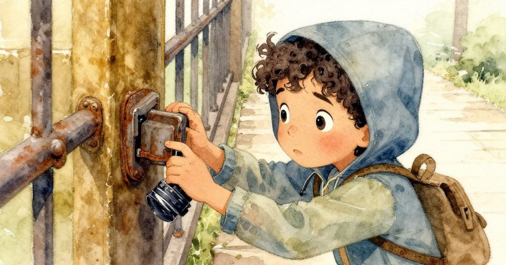 米拉專注用雙拇指按壓生銹鐵鎖，她的決心映照在舊鐵道的歷史氛圍中，充滿努力與挑戰的情景。