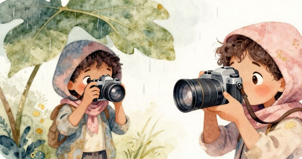 米拉在大無花果樹下躲雨，左側顯示雨中避難，右側則見她用圍巾擦拭相機，展現專注與堅毅。