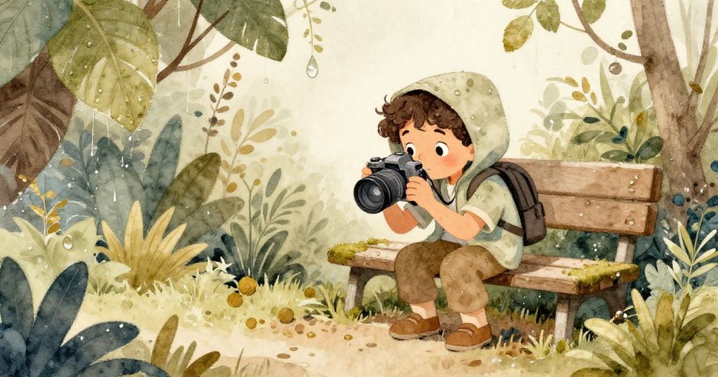 雨過初晴後，米拉坐在苔蘚板凳旁散落幼甲，樹葉上水滴閃爍，營造出平靜而溫柔的過渡景象。