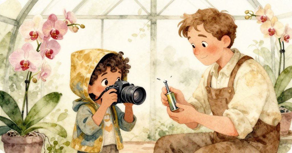 米拉與看護人在蘭花溫室前交換零件，充電電池的到來讓她的眼神從失落轉為希望，展現堅持與合作。