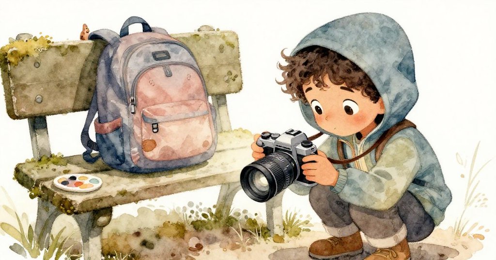 米拉蹲坐於苔蘚板凳邊，背包上倒掛的小鳥象徵勝利，她眼中映出相機屏幕上的清晰畫面，充滿希望與成功。