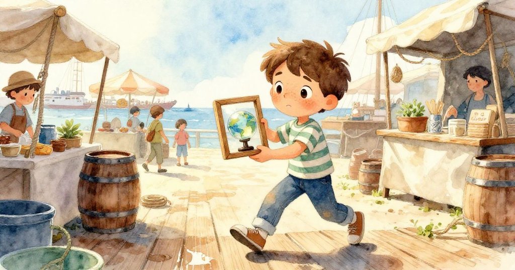 米洛在早晨金色陽光下踏入熱鬧海港市場，手持木框，臉上流露出好奇與專注的神情。