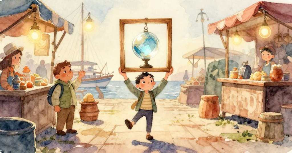 木框特寫展示內懸玻璃球，淡藍寶石在柔光下閃爍，細節顯示海螺片與漂流木痕跡。