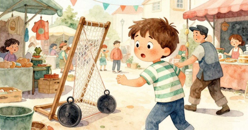 米洛在熙攘市場中被推擠，木框因碰撞傾斜，表情驚訝急速穩定物品，背景充滿市場細節。