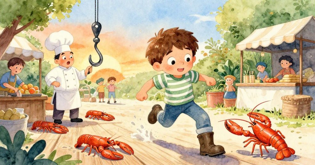 市場高角度展現混亂場面，廚師受驚龍蝦四散濺水，顧客忙碌，龍蝦朝米洛靴子移動。