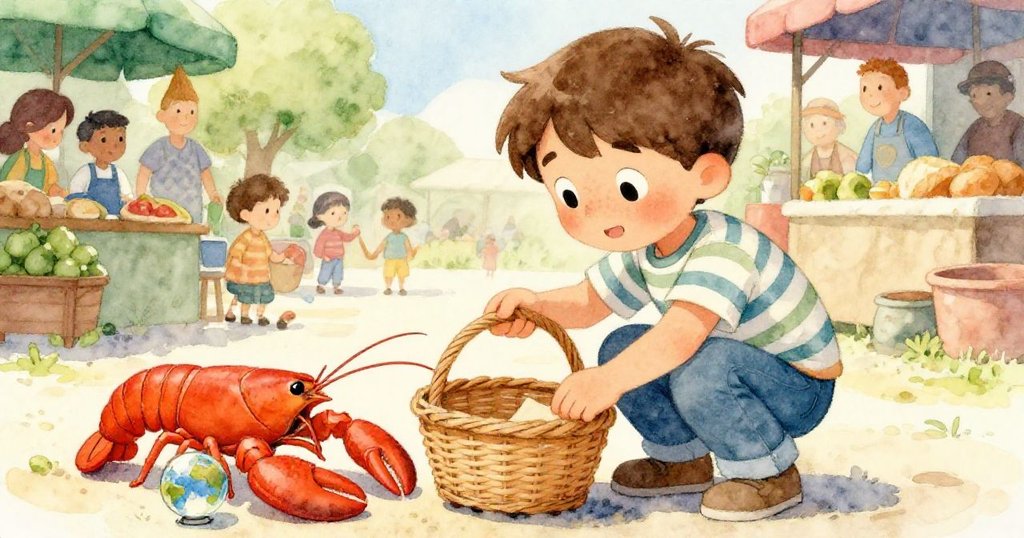 米洛蹲下迅速放置籃子引導龍蝦，玻璃球滾近龍蝦爪，神情堅定專注於市場狹窄木板上。