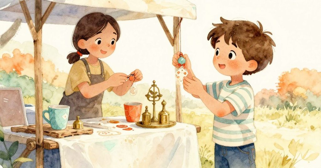 米洛在工藝攤位完成組裝裝飾，向和藹攤販展示成果，午後柔光映襯，場面溫馨滿足。