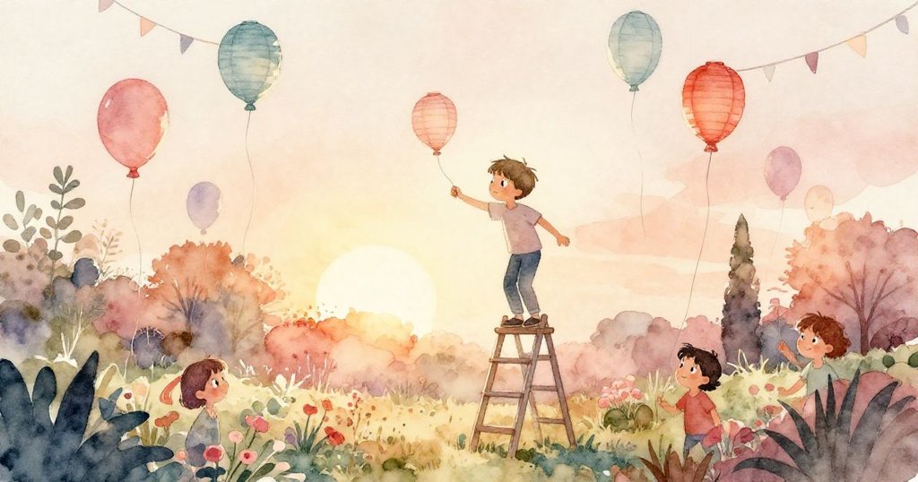 在柔和夕陽下的花園中,Sam站在搖晃梯子上掛著彩燈與紙燈籠,神情專注且充滿期待,場景充滿節慶氣氛。