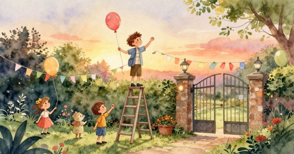 Sam的雙手專注握著鮮豔彩帶,背景呈現出梯子的木紋與搖曳裝飾,流露出準備派對時的緊張與細心。