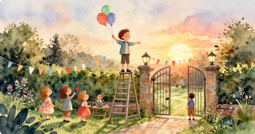 在秋風吹拂的花園中,彩帶隨風飛舞,落葉點綴環境,營造出既溫馨又充滿期待的季節氛圍。