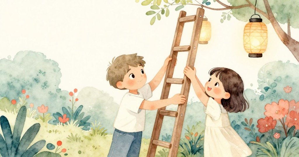 Sam與Mia並肩合作,Mia穩定梯子,Sam忙於懸掛燈籠與彩帶,兩人笑容互動展露出默契與溫暖。