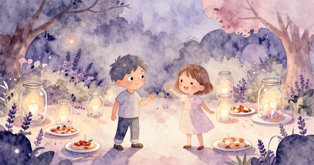 夜幕降臨時,Sam與Mia將蠟燭放入玻璃罐中佈置於美食旁,花園燈光點點,象徵著慶祝成功與團隊合作的奇妙氛圍。