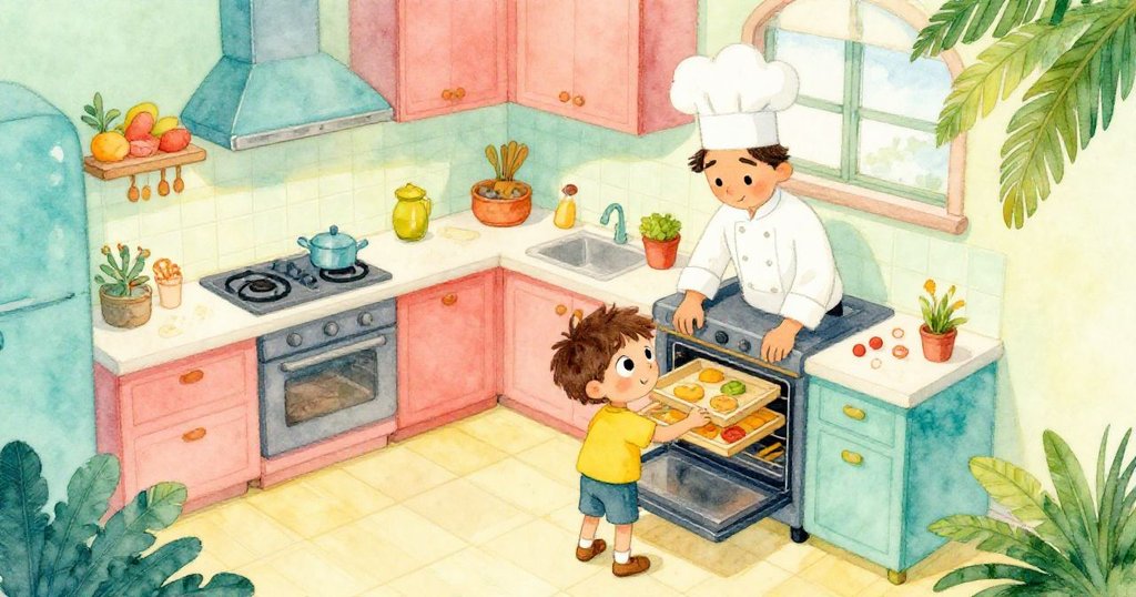 從上方視角看見Leo與廚師在明亮的家庭廚房忙碌，充滿溫馨與活力，場景明亮愉悅。