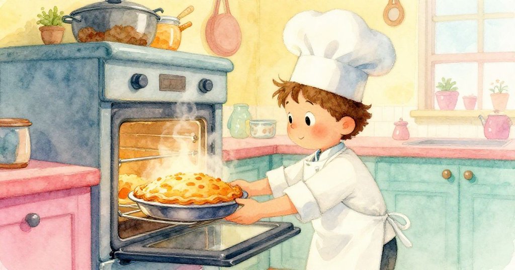 廚師細心打開烤箱門，展示熱騰騰的派與精緻紙包裝，手部動作溫柔，家庭廚房氣氛溫暖。