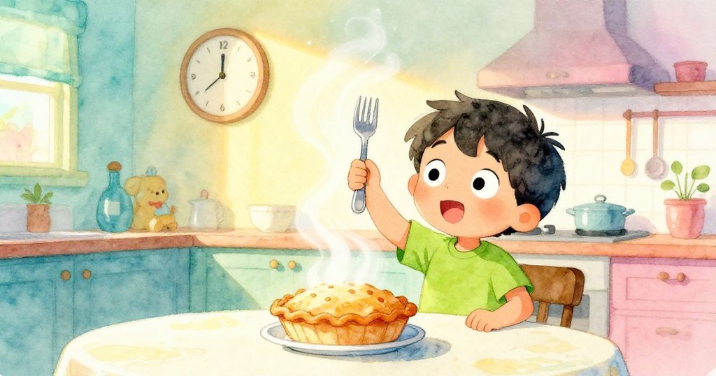 在變化的光影中，Leo用叉子輕搧熱氣，派上冒著溫暖蒸氣，廚房時鐘顯示時間流逝，氣氛柔和。