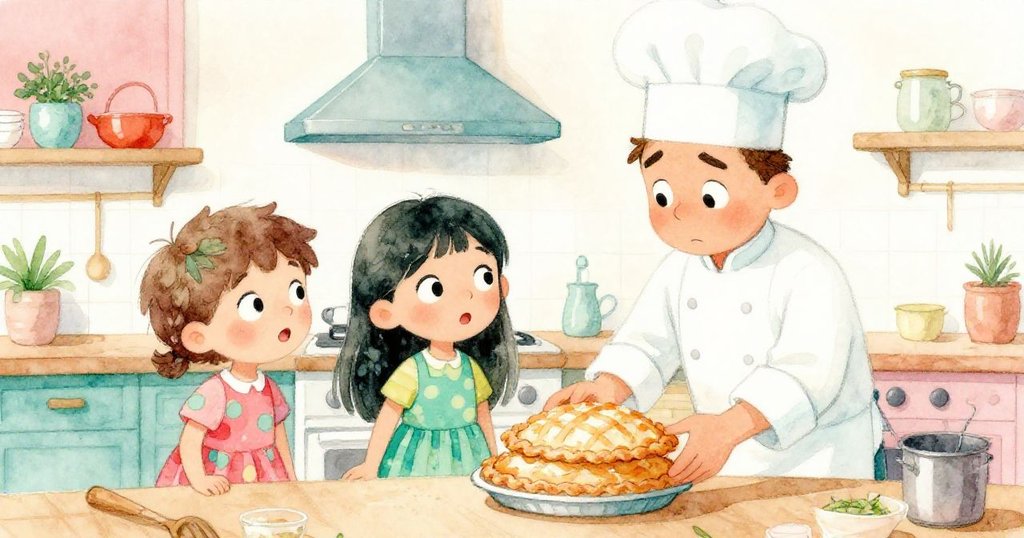 Leo與Mia驚訝相望，廚師剛放下第二個新派，廚房氛圍中充滿緊張期待與溫馨轉折。