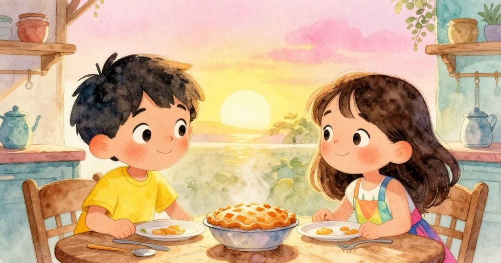 夕陽下，Leo與Mia共享熱派，臉上盈滿幸福笑容，餐具輕觸盤邊，廚房溫馨與和諧，幸福結尾。