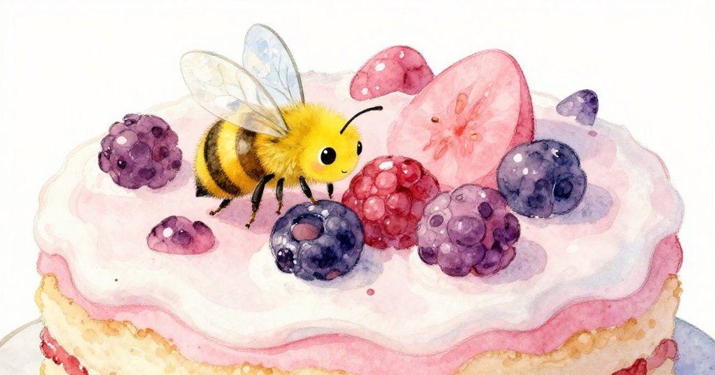 Leo的蛋糕上滿佈鮮莓細節, 小黃蜂正輕停於其上, 細緻質感與生動互動展現驚奇與好奇心。