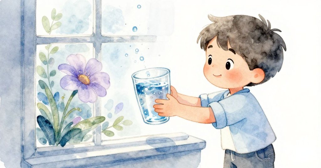 透過晶瑩水珠視窗, Leo輕放閃光水杯於花旁, 水面反射自然美景, 神情溫柔充滿詩意。