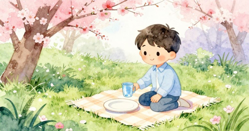 春日午後, Leo鋪展毛毯擺放盤子與水杯, 花朵與綠草交織, 流露出滿足與溫柔的微笑。