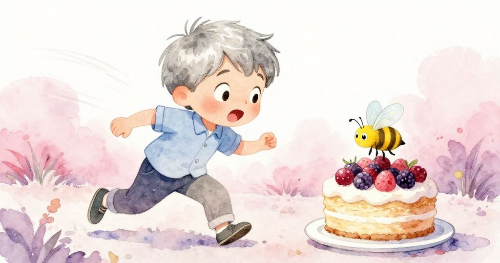 小黃蜂突降在蛋糕上, 令Leo吃驚後退, 面部表情生動, 周遭花瓣隨風搖曳, 氣氛充滿懸疑與驚奇。