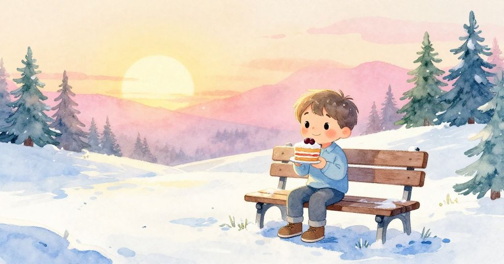 黃昏時分, Leo坐在涼爽長椅上享用莓果蛋糕, 夕陽金輝灑落, 周圍花樹輕擺, 畫面溫暖寧靜。